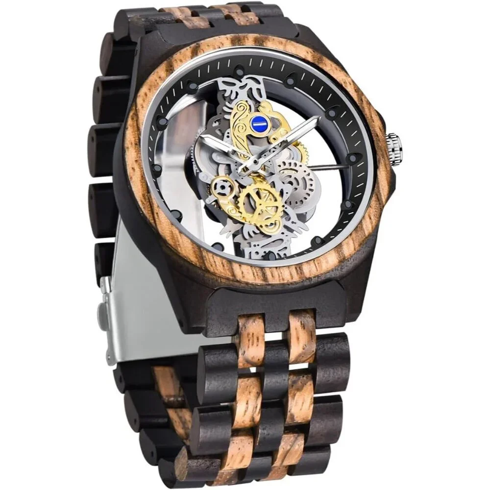 Men's Black Brown Lightweight Wooden Analog Quartz Deployment Closure Watches